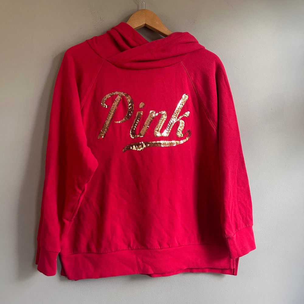 Pink Victoria's Secret Red Sequin Logo Hoodie Sweatshirt Medium